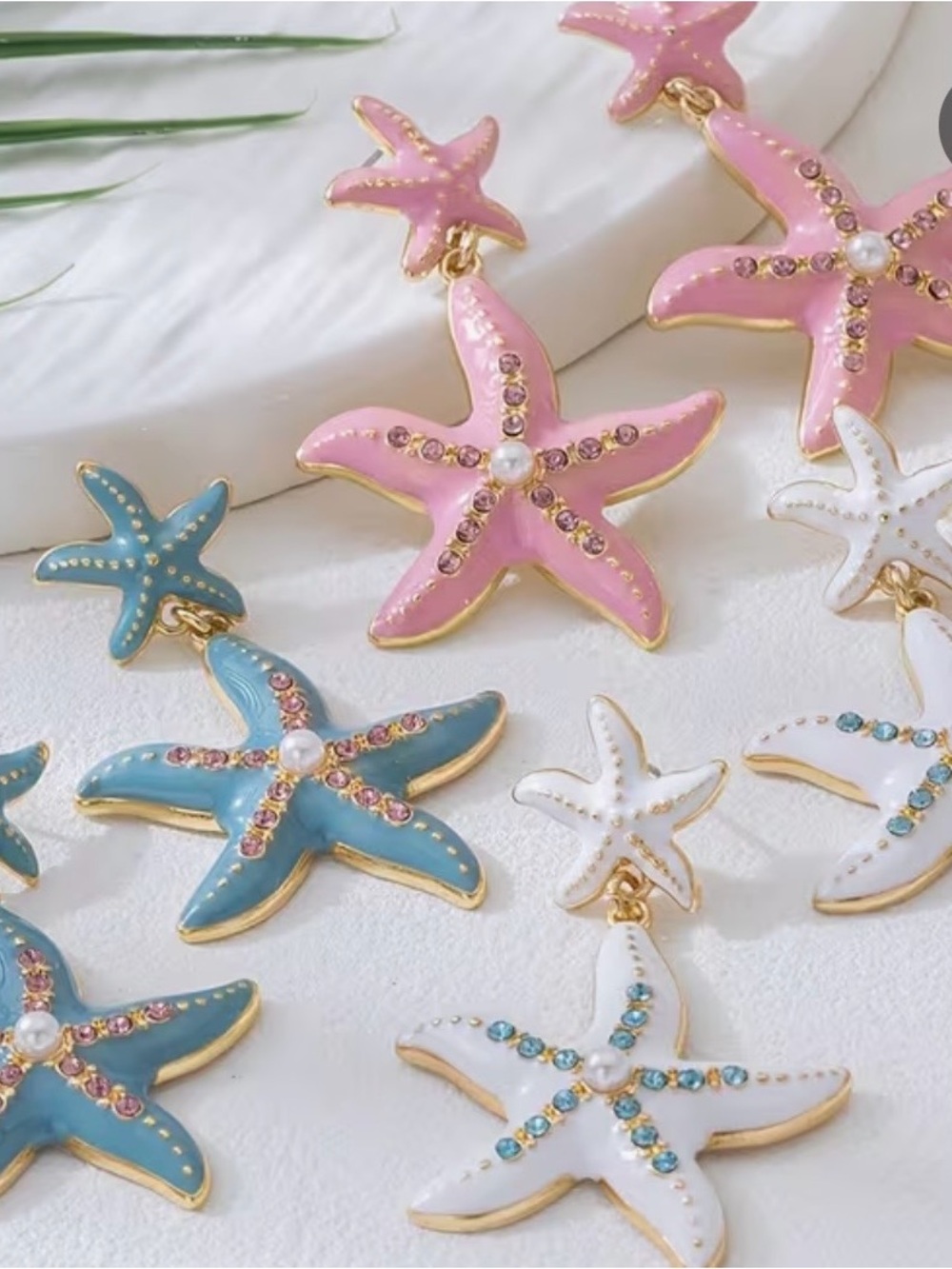 NWT White & Gold Starfish Drop Earrings with Aqua Crystals, Summer Jewelry - Picture 2 of 5